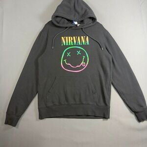 H&M Divided Nirvana Smiley Face Rainbow Graphic Hoodie Black Mens Medium 2020